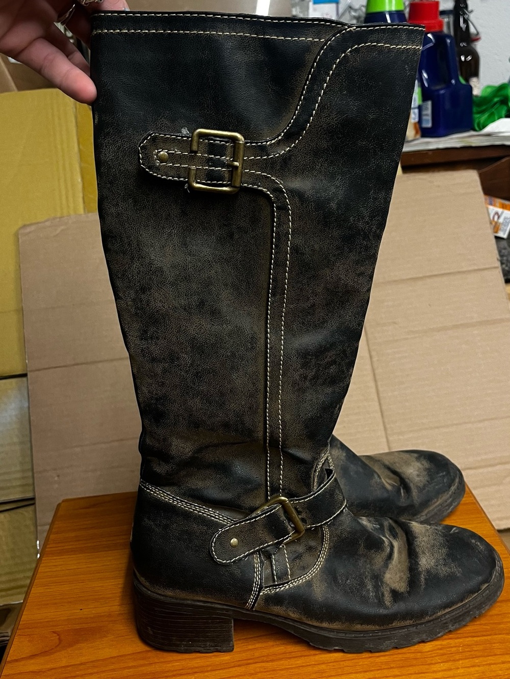 Women”s Nicole Black Distressed Leather Riding Heeled Boots
